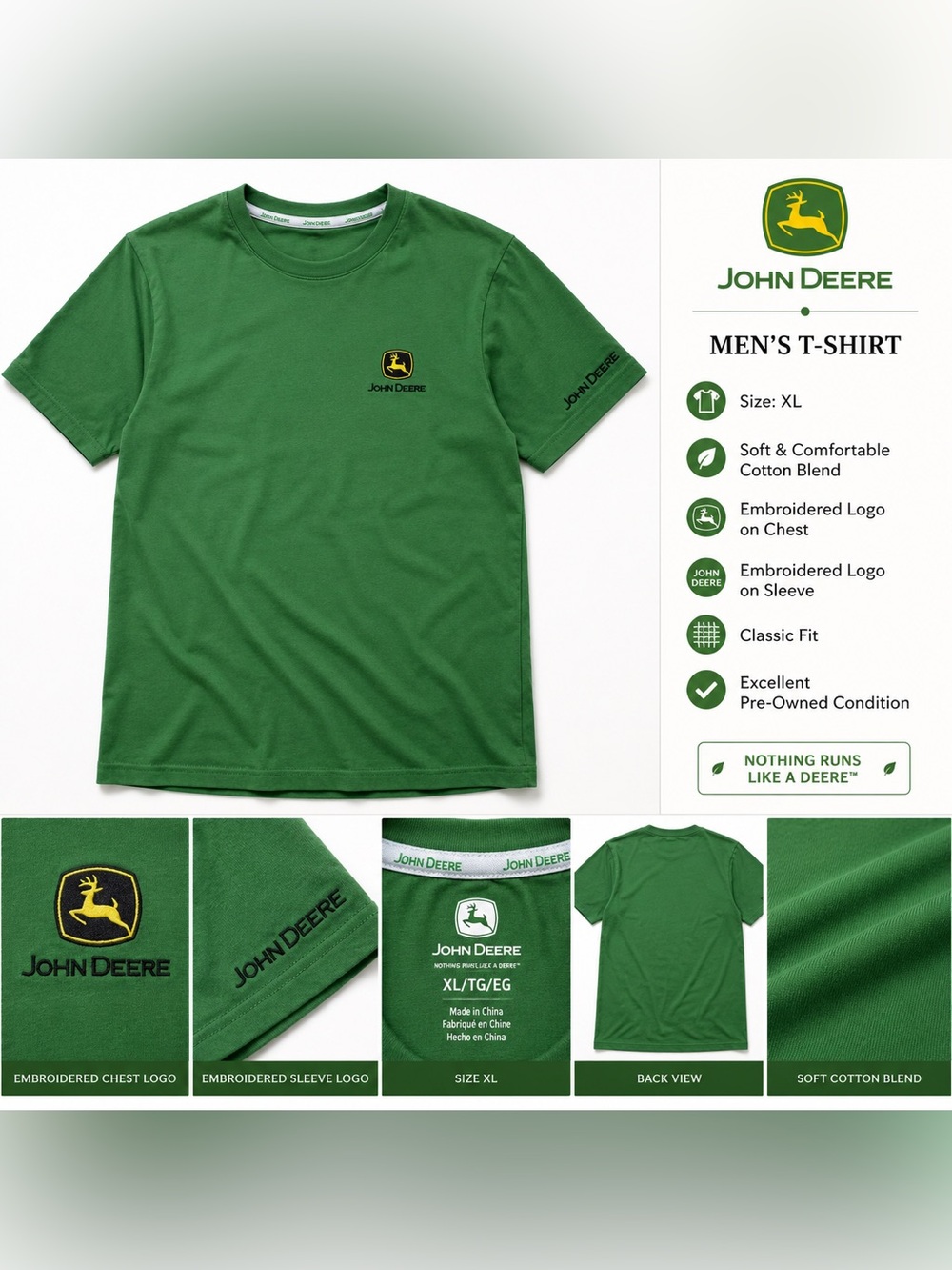 John Deere Green Logo T-Shirt Men’s XL | Embroidered Deer Logo | Short Sleeve